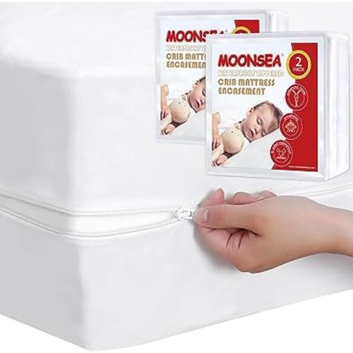 Waterproof Crib Mattress Protector Zippered 2 Pack, 6-Side Waterproof Crib Mattress Encasement, Durable Zipper, Noiseless, 28'' X 52" X 6"