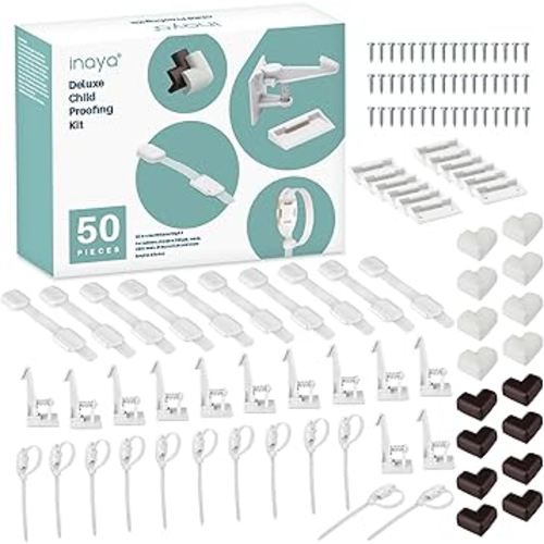 Inaya Complete 50pc Deluxe Baby Proofing Kit - Flexible Hidden Baby Locks for Cabinets and Drawers, Adjustable Child Safety Latches, Corner Guards & Furniture Anchors