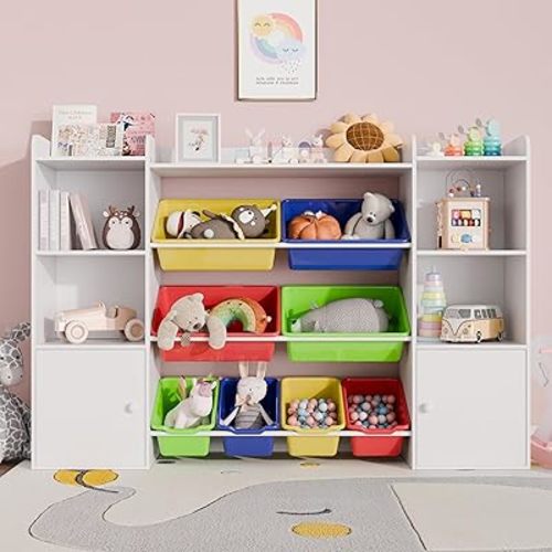 Xilingol Kids Toy Storage Organizer W/8 Removable Toy Bins, 4-Tier Toy Organizers W/6 Storage Cubbies, Kids Bookshelf and Toy Storage for Playroom, Bedroom, Kids Room, Classroom