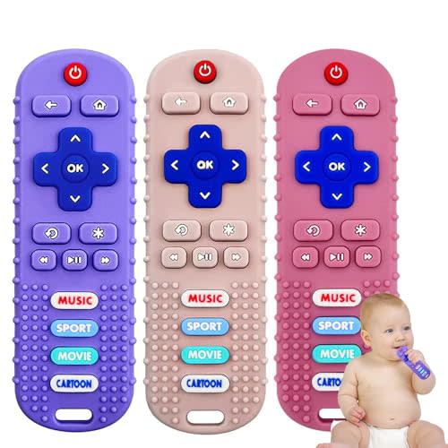 MACLUD 3 Pack Baby Teething Toys, Remote Control Teether for Teething Relief, Silicone Chew Toy for Infants 3-12 Months with Easy to Clean(Pink&Khaki&Purple)