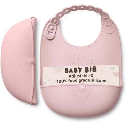 Miniware Roll & Lock Silicone Baby Bib, Easy Mealtime Cleanup - Food-Grade Adjustable Neck Strap and Food Catcher
