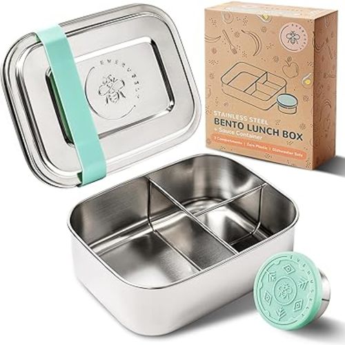 Everusely - Bento Box for Kids - Green, 6.5x4.7 / 27oz - Stainless Steel Lunch Box w/Leakproof Condiment Container - 3 Compartment Snack Box for School, Office Meals - Freezer & Dishwasher Safe