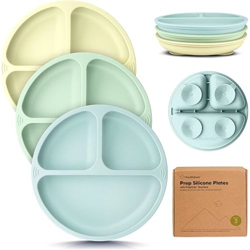 KeaBabies Suction Plates for Baby, Toddler - 3-Pack 100% Silicone Toddler Plates with Suction, Divided, BPA-Free Baby Led Weaning Essentials for Kids, Dishwasher, Microwave Safe, Durable (Pastel Sky)