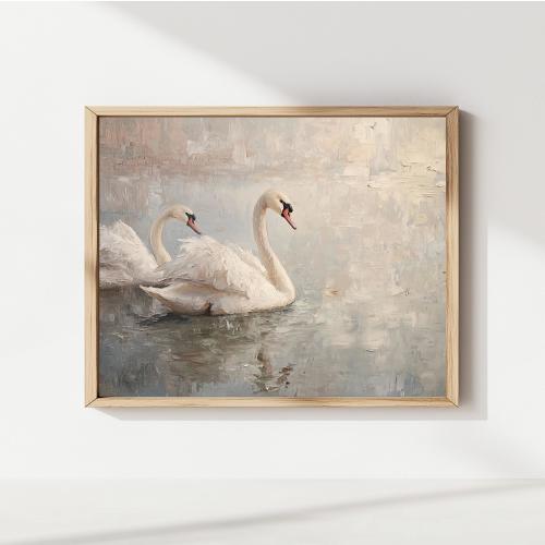 White Swan Oil Painting, Swan Couple Artwork, Physical Shipped, Swan Lake Poster, Soft Pastel Muted Tones, Swan Pair Painting, Peaceful Art