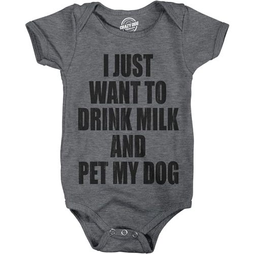 Creeper I Just Want to Drink Milk and Pet My Dog Funny Newborn Baby Shirt Cool - Dark Heather Grey