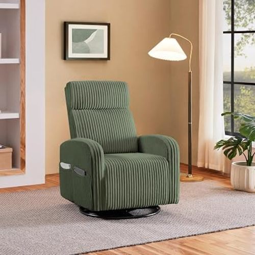 Yaheetech 360° Swivel Glider Chair for Nursery, Rocking Chair Nursing Chair with Side Pockets, Corduroy Glider for Living Room with High Back Dark Green