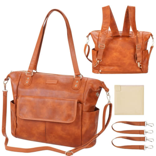 Diaper Bag Tote Fashion Leather Diaper Bag Backpack with 13 Pockets for Mom Dad, Large Travel Baby Bag Purse for Boys Girls with 3 Insulated Pockets, Changing Station - Brown