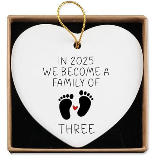New Mom Dad Gifts Ceramic Ornament Keepsake Sign Heart Plaque In 2025 We Become a Family of Three Pregnancy Announcement Gifts for New Parents Baby Reveal Ideas Christmas Ornament
