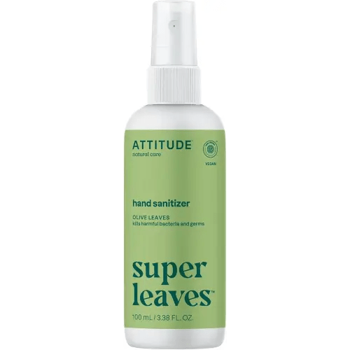 ATTITUDE Hand Sanitizer Spray for Adults and Kids, EWG Verified, Kills Bacteria and Germs, Vegan, Olive Leaves, 3.38 Fl Oz (Spray Bottle)