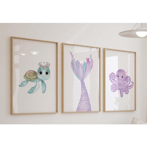 Mermaid Under The Sea Watercolor Prints, Set of 3 Nursery Wall Art, Girls Room Decor, Sea Turtle Octopus, Set of 3 Art Prints Shipped, 220