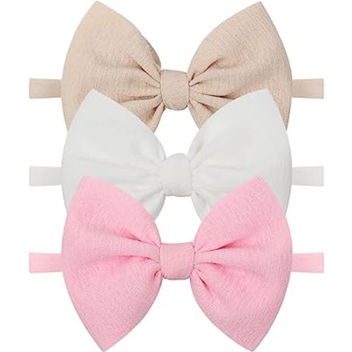 YanJie Baby Girls 4.5" Nylon Headbands, Handmade Hair Bows Hairbands Hair Accessories for Newborn Infant Toddlers Kids, 3 Pieces, Light Pink/White/Beige