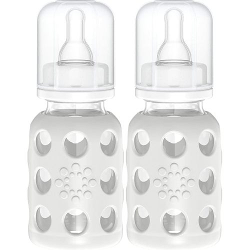 Lifefactory 4-Ounce BPA-Free Glass Baby Bottle with Stage 1 Nipple and Protective Silicone Sleeve, Stone Gray (Pack of 2)