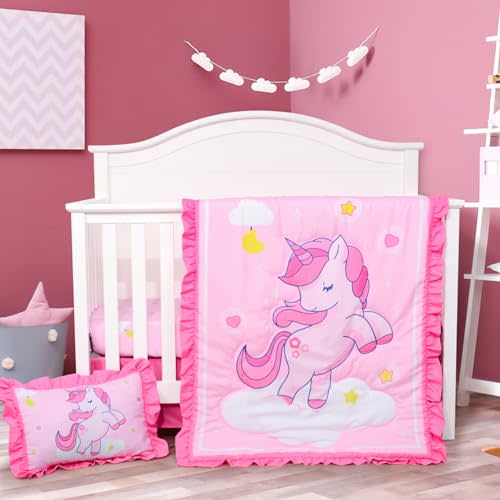 UOMNY Crib Bedding Set for Girls 4 Piece Unicorn Baby Girl Crib Bedding Sets with Baby Comforter Crib Sheet Crib Skirt Pillowcase Nursery Bedding Set