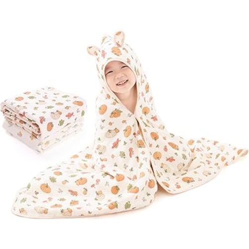 Hooded Towel Muslin Hooded Towel Made from Organic Cotton 6-Layer Cotton Bath Towel, Soft Bath Towels 25x51inches for Toddler Baby,Pumpkin Costume