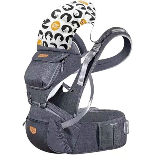Baby Hip Seat Carrier - 6 in 1 Front Back Breathable Polyester Ergonomic Hipseat Infant Backpack Carrier with Adjustable Straps Detachable Hood for Newborn 4 to 36 Months,4 Season/Gray