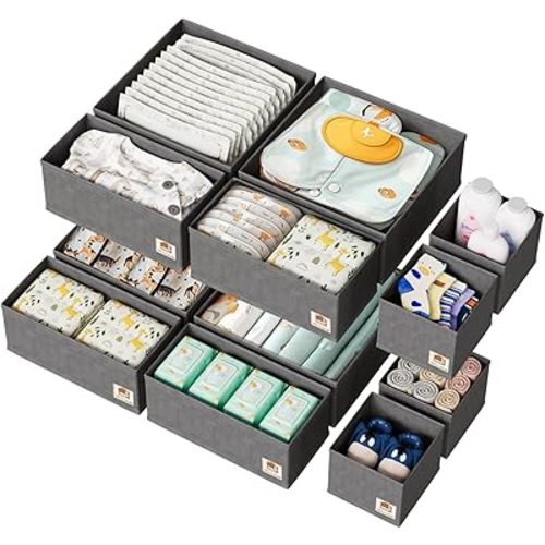 12 Pack Drawer Organizer for Baby Clothes, Nursery Drawer Organizer for Baby Diaper, Collapsible Deep Fabric Drawer Organizer with Zipper for Socks, Bra, Towels, Ties, Grey