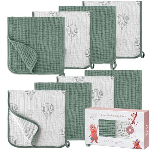 LILY O LAUREL Muslin Burp Cloths, 20"x10"- Pack of 8, 6 Layers Super Soft Absorbent & Breathable 100% Cotton for Baby Drool and Messes, Burp Cloth Baby Boy and Burp Cloths Baby Girl