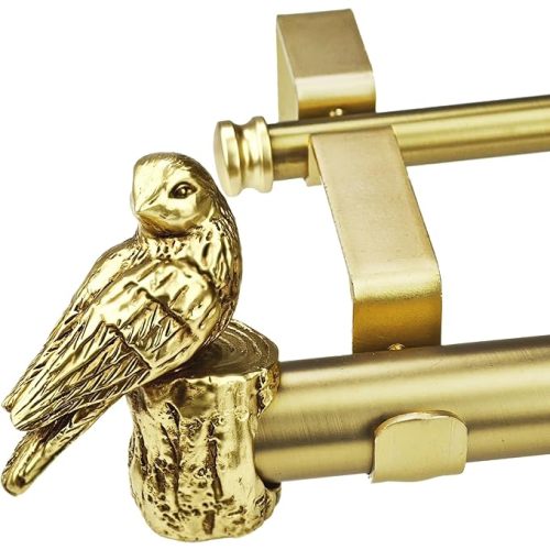 1-1/8 Inch Diameter Brushed Gold Curtain Rod with Bird Design Finials, 72-144'' Telescoping Double Curtain Rods for window width 68-140 inch, 1 pack