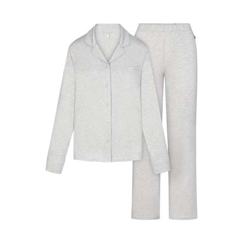 SKIMS SLEEP LONG SLEEVE BUTTON UP SET | LIGHT HEATHER GREY