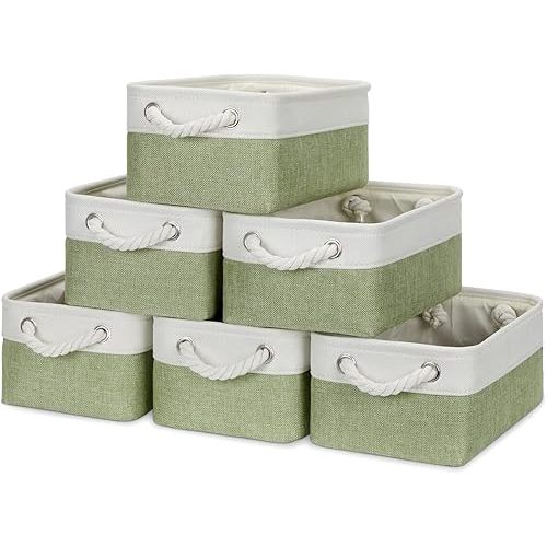 Bidtakay Small Baskets for Organizing Linen Closet Storage Baskets Set Of 6 Decorative Storage Bins for Shelves Cute Rectangular Baskets for Gifts Empty Nursery Dog Toys Baby Storage (White&Green)