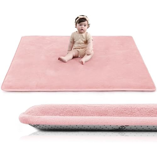 Huloo Sleep Baby Play Mat for Floor,1.3" Thick Elasti-Foam 47"×47" Playpen Mat for Tummy Time,Water Repellent Soft Coral Velvet for Toddler,Infant,Kids,Non-Slip Backing Safe for Crawling(Pink)