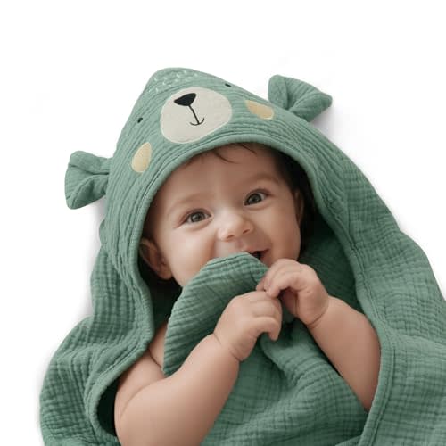 Blissful Diary Muslin Baby Hooded Towel, Soft and Absorbent Bath Towel for Newborn, Infant, Toddler, Unisex, 32″x32″ - Smart Bear