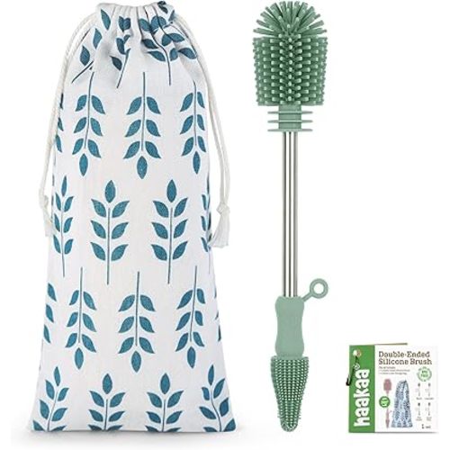 haakaa Cleaning Brush Silicone Bottle Brush Double-Ended Soft Silicone Bristles for Breast Pumps, Breast Milk Collectors, Baby Bottles, Teats, Breastmilk Storage Bags, Detachable - Pea Green-1pk