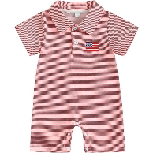 Newborn Baby Boy 4th of July Outfit US Flag Embroidery Short Sleeve Lapel Button Romper One Piece Jumpsuit Bodysuit