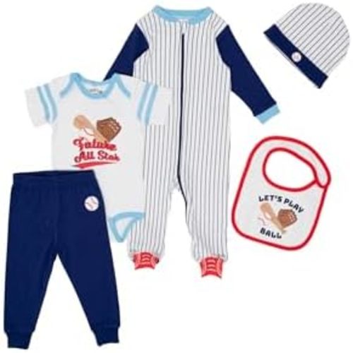 Gertex 5-Piece Layette Sport Set Gift Bundle for Babies & Infants | Baseball, Basketball, Hockey, Soccer, Football