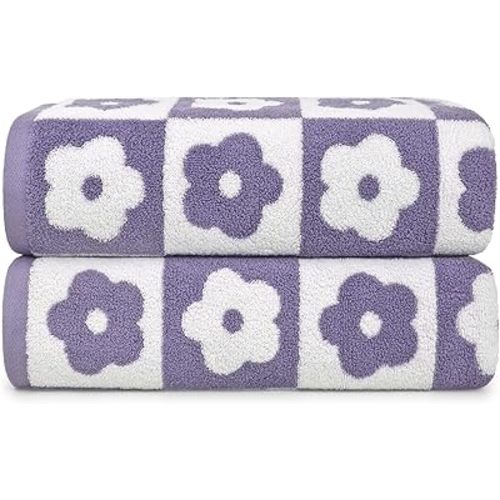 Jacquotha Cotton Bath Towels Pack of 2 with Lilac Checkered Floral Charm - Luxury Lightwieght Quick Dry Towels for Bathroom Shower, 27.5” x 55”