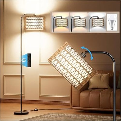 Arc Floor Lamps for Living Room with Remote, Dimmable Farmhouse Standing Lamp with 3 Color Temperatures, Boho Corner Tall Lamp with Rattan & Fabric, 350° Rotatable Reading Lamp for Bedroom