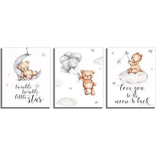 Nursery Wall Art Cute Little Bear Moon Love Sentence Cartoon Canvas Art Prints - Set of 3 (8 inches x 10 inches) Wall Art Decor Photos Bedroom Playroom (No framed)