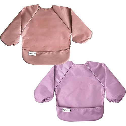 Tiny Twinkle Mess Proof Baby Bib, 2 Pack Long Sleeve Bib Outfit, Waterproof Bibs for Toddlers, Machine Washable, Tug Proof (Taupe Lilac, Small 6-24 Months)