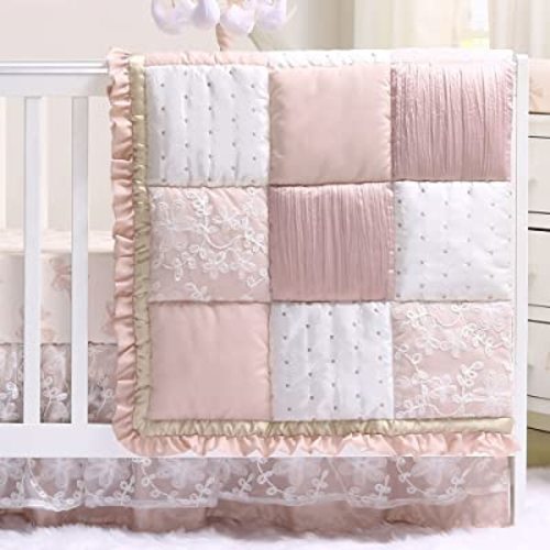 The Peanutshell 4 Piece Baby Crib Bedding Set for Girls - Newborn, Infant & Toddler Nursery Bed Set Decor with Two Crib Sheets, Dust Ruffle, Crib Comforter - Grace