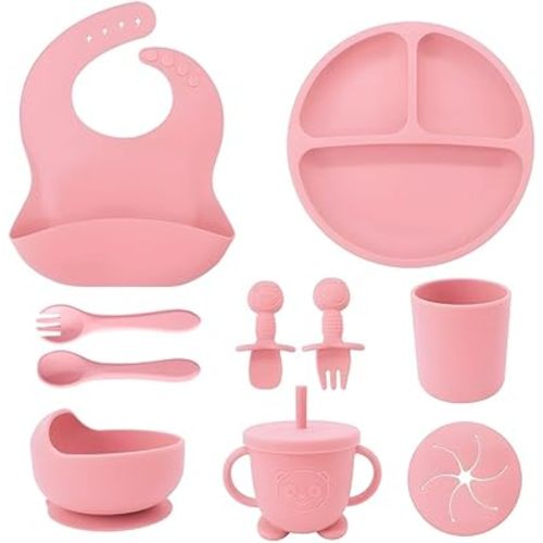 10-Piece Baby Weaning Set, Silicone Baby Plate Set with Suction, Baby Utensils with Adjustable Divided Bib, Cutlery, Spoons, and Straw, BABY FEEDING SET (PINK)