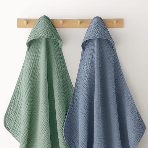 Looxii Baby Bath Towels 2 Pack Muslin Hooded Baby Towels for Newborn and Infants, 100% Cotton, Large 32x32Inch, Soft and Absorbent Blue+Green