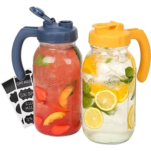 Soligt Glass Mason Jar Pitcher with Lid, Wide Mouth Flip Cap Pour Spout Leak-proof Lid with Handle, 64 oz (2 Quart / 1.9 Liter), for Sun Tea/Iced Tea/Juice/Cold Brew Coffee/Milk