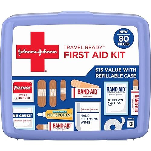 Johnson & Johnson Travel Ready Portable Emergency First Aid Kit for Minor Wound Care with Assorted Adhesive Bandages, Gauze Pads & More, Ideal for Travel, Car & On-The-Go, 80 pc