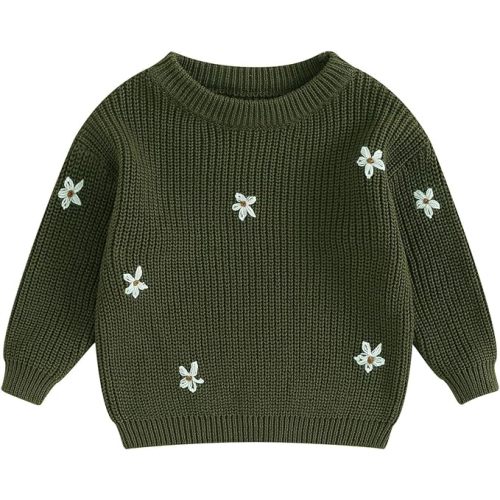Karwuiio Toddler Baby Girl Boy Knit Sweater Round Neck Long Sleeve Pullover Sweatshirt Fall Winter Clothes - 6-9 Months - Flower Emerald
