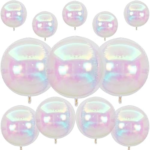 12Pcs Iridescent Round Foil Balloons, 22" 15" 10" 4D Clear Ball Balloon, Holographic Balloons for Birthday Wedding Folding Rainbow Under The Sea Mermaid Party decoration
