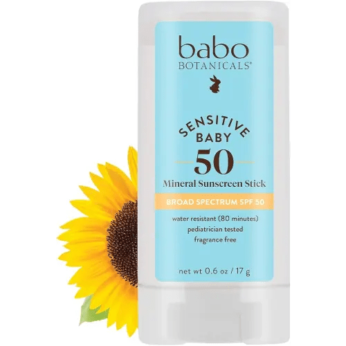 Babo Botanicals Sensitive Baby Mineral Sunscreen Stick SPF 50-70% Organic Ingredients - Zinc Oxide - NSF & Made Safe Certified - EWG Verified - Water Resistant - Fragrance-Free - for Babies & Kids