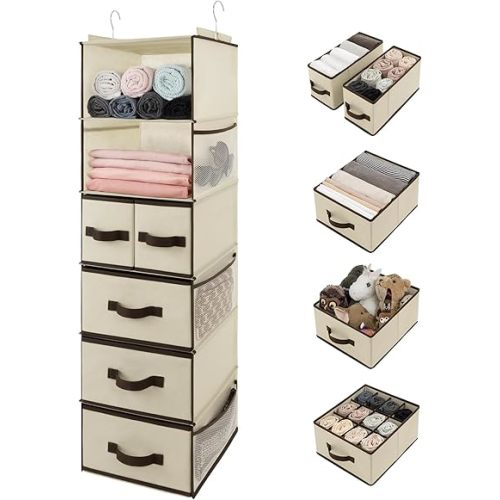 GRANNY SAYS Hanging Closet Organizers and Storage 6 Shelves, Closet Hanging Organizer with 5 Drawers, 6 Side Pockets Hanging Storage Organizer, Portable Clothes Organizer for Closet, Beige