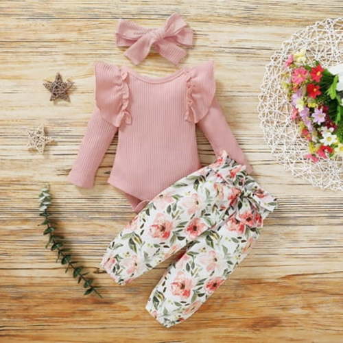 Kayannuo Baby Girl Clothes Long Sleeve Fall Winter Clearance Newborn Baby Girl Clothes Infant Outfits Ruffle Sleeve Romper Bodysuit Floral Pants Toddler Girl Outfits