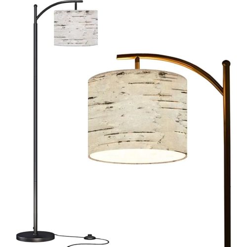 Arc Floor Lamp Birch bark Modern Tall Standing Lamp Dimmable with Remote Adjustable Drum Shade Footswitch for Living Room Bedroom Office