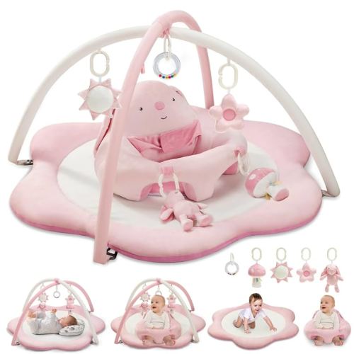 3-in-1 Baby Play Mat, Baby Seats for Infants for Sitting Up, Tummy Time Mat with 5 Detachable Toys, Baby Activity Gym & Playmats for Babies 0-6 6-12 Months, Newborn Baby Shower Gifts