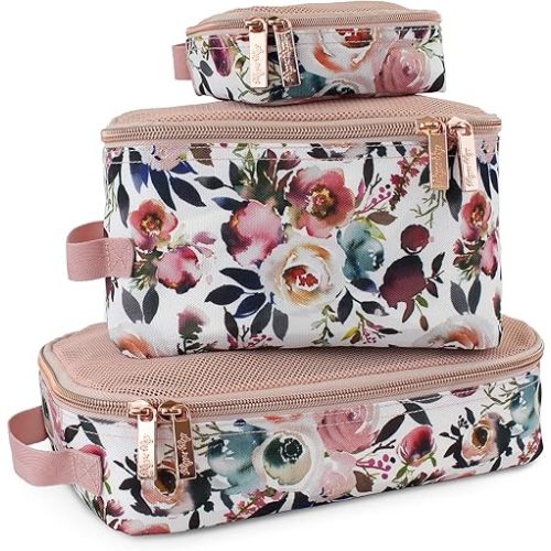Itzy Ritzy Packing Cubes For Travel – Set of 3 Packing Cubes or Travel Organizers; Each Cube Features a Mesh Top, Double Zippers and a Fabric Handle (Blush Floral)
