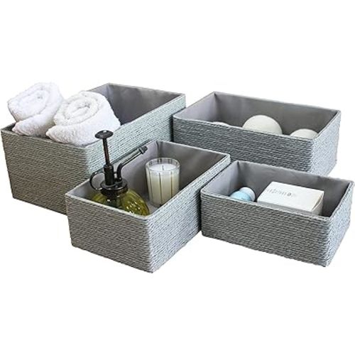 LA JOLIE MUSE Storage Baskets Set 4 - Stackable Woven Basket Paper Rope Bin, Storage Boxes for Makeup Closet Bathroom Bedroom (Gray)