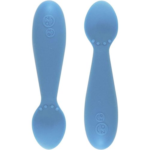 ezpz Tiny Spoon (2 Pack in Blue) - 100% Silicone Baby Spoon for Baby Led Weaning + Purees - 6 months + - Designed by a Pediatric Feeding Specialist - Baby Essentials & Baby Gifts
