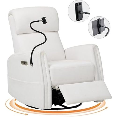 COLAMY Power Recliner Chair Swivel Glider, Upholstered Fabirc Nursery Reclining Sofa Chair for Bedroom/Living Room/Reading Spaces, White