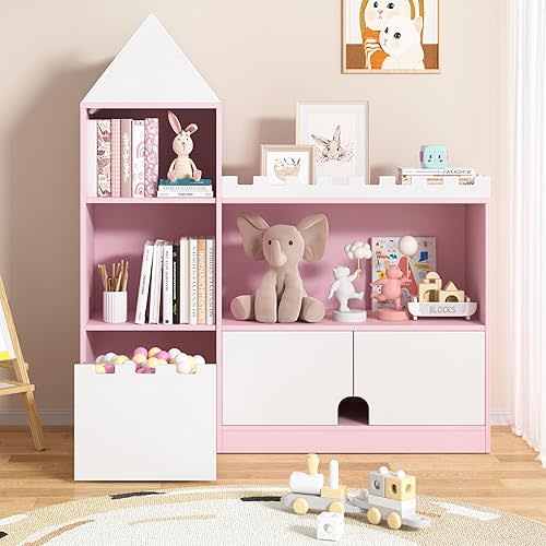 Toy Storage Organizer, Pink Kids Castle Bookshelf, 6 Cubby Children Bookshelf, 39.4’’Wood Montessori Shelf Baby Book Shelf for Nursery, Playroom, Living Room